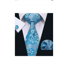 3delige set stropdas pochet manchetknopen tinten blauw Bloemen